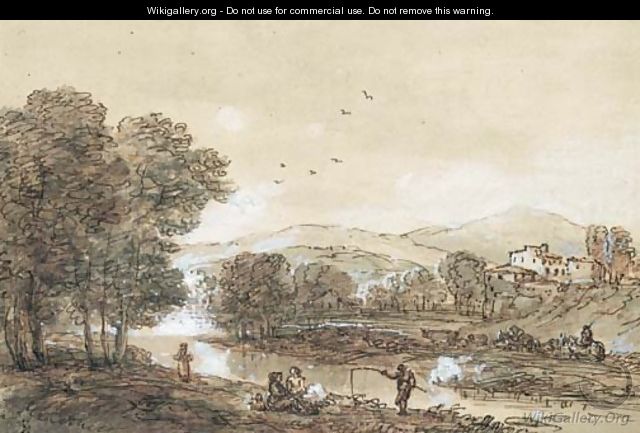 A wooded river landscape with an angler, drovers and a town beyond - Francesco Zuccarelli