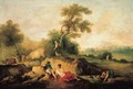 A landscape with figures by a stream, herdsmen and cattle beyond - Francesco Zuccarelli