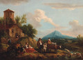 A landscape with a drover and peasants on a river bank near a farmhouse - Francesco Zuccarelli