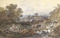 An Italianate river landscape with travellers and livestock crossing a bridge - Francesco Zuccarelli