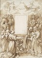Design For An Altarpiece Eight Saints And The Holy Trinity Surrounding The Empty Frame Of An Early Image Of The Virgin - Francesco Vanni