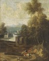 A wooded river landscape with mounted travellers on a path, a town beyond - (after) Willem Schellinks