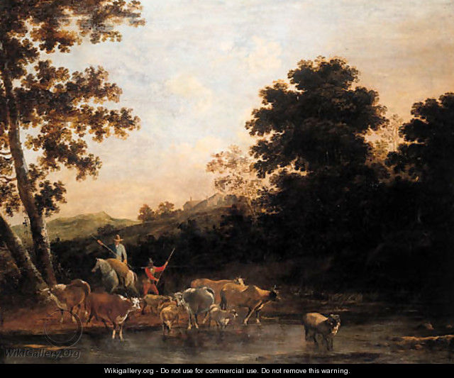 Cowherds watering cattle in an Italianate landscape - (after) Willem Romeyn