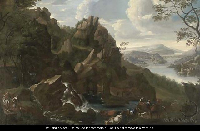 An extensive mountainous landscape with travellers and their cattle by a waterfall - (after) Willem De Heusch