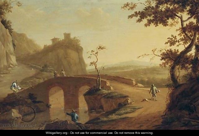 A landscape with travellers crossing a bridge, a hilltop house beyond - (after) Willem De Heusch
