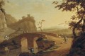 A landscape with travellers crossing a bridge, a hilltop house beyond - (after) Willem De Heusch