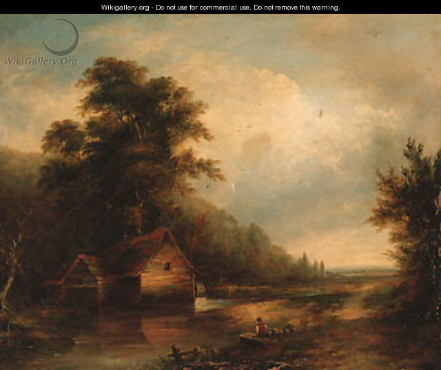 An angler by a watermill in a wooded landscape - (after) Walter Williams