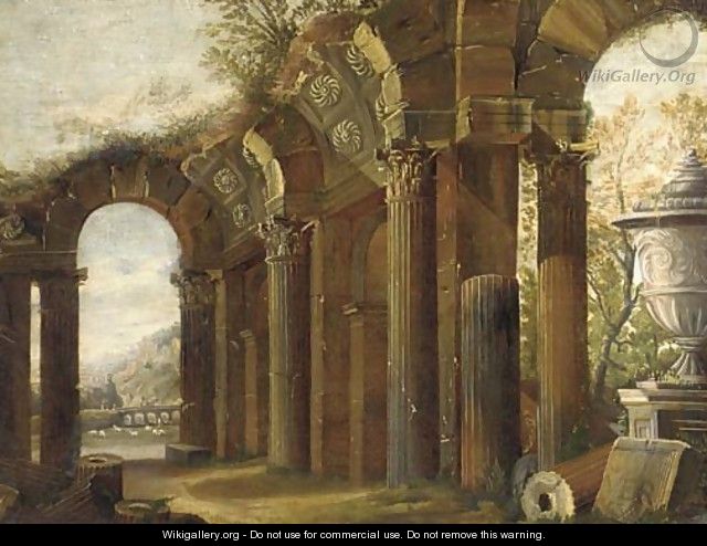 A capriccio of classical ruins with a shepherd and his flock beyond - (after) Viviano Codazzi