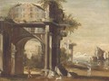 A capriccio of classical ruins by a shore, with figures in the foreground - (after) Viviano Codazzi