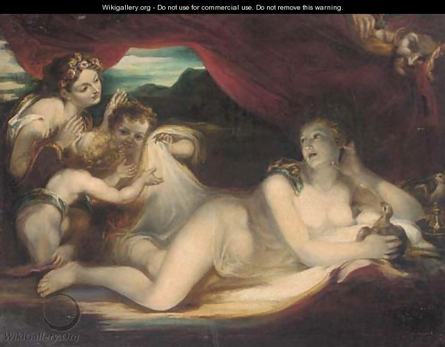 Venus reclining on a couch with cherubs and a nymph, a satyr looking on - (after) Valerio Castello