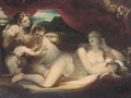 Venus reclining on a couch with cherubs and a nymph, a satyr looking on - (after) Valerio Castello