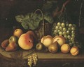Grapes on the vine, pears, peaches, a wicker basket and other fruit on a ledge - (after) Tobias Stranover