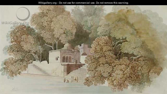An Indian residence with figures washing in the river below - (after) William Daniell