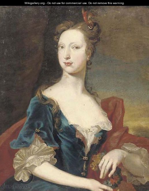 Portrait of a lady, half-length, in a blue dress and red wrap, holding a garland of flowers - (after) William Aikman