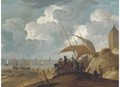 A coastal landscape with peasants and gentlemen on a beach by a boat - (after) Willem Van De, The Younger Velde