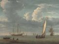 Fishermen collecting lobster pots with a fishing boat in calm waters, warships beyond - (after) Willem Van De Velde