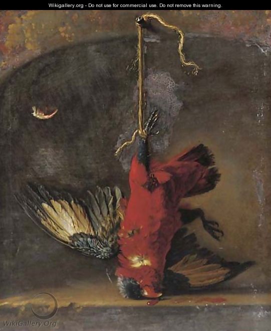 A dead songbird hanging by a niche - (after) Willem Van Aelst