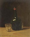 Nature morte a bottle of port and glasses on a ledge - François Bonvin