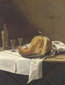 Nature morte avec un melon, une bouteille de vin et un verre sur une table - François Bonvin