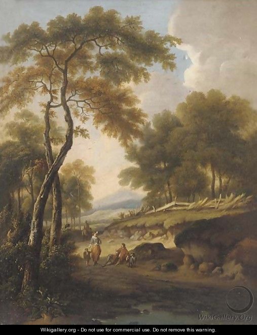 Figures on a path in a wooded landscape - (after) William Traies