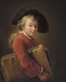 A young boy in a red jacket and black hat, holding a portfolio - Francois-Hubert Drouais