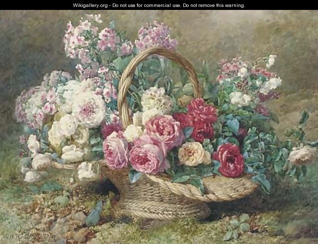 A basket of roses and hydrangeas on a mossy bank - Francois Rivoire