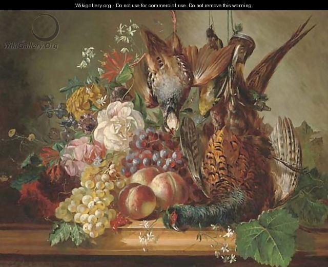 Game, fruit and flowers on a marble ledge - Francois-Joseph Huygens
