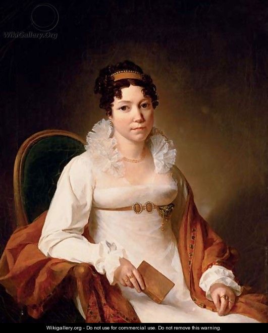 Portrait of a lady, seated three-quarter-length, in a white silk dress and embroidered shawl, holding a book - Francois Henri Mulard