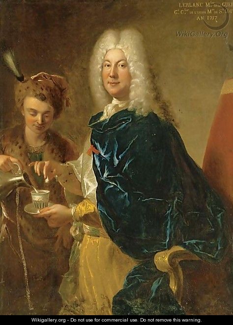 Portrait of Le Blanc, Minister of War, three-quarter-length, being served chocolate by a young male servant - Francois de Troy