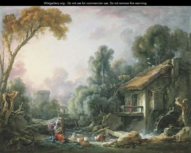 Le Moulin aA  Eau A landscape with a herdsman and his family by a mill - François Boucher