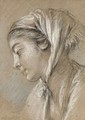 Head of a girl looking down to the left wearing a scarf - François Boucher