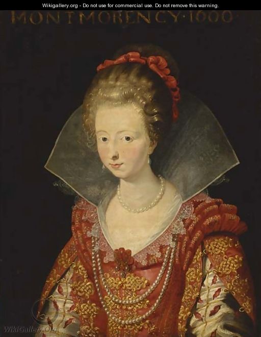 Portrait of Charlotte-Marguerite de Montmorency, Princess of Conde , bust-length, in a red dress with slashed sleeves and a white ruff, and red ribbon - (after) Sir Peter Paul Rubens