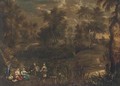 A wooded river landscape with elegant company in the foreground - (after) Sir Peter Paul Rubens