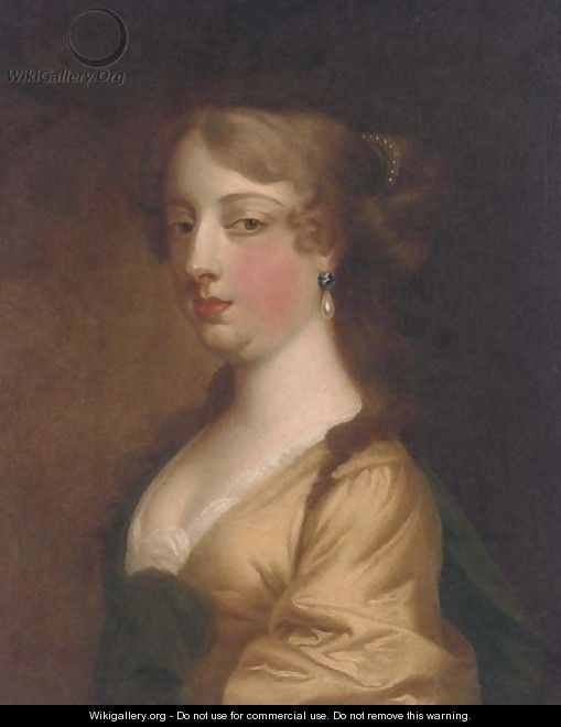 Portrait of a lady, bust-length, in a yellow dress and blue wrap - (after) Sir Peter Lely