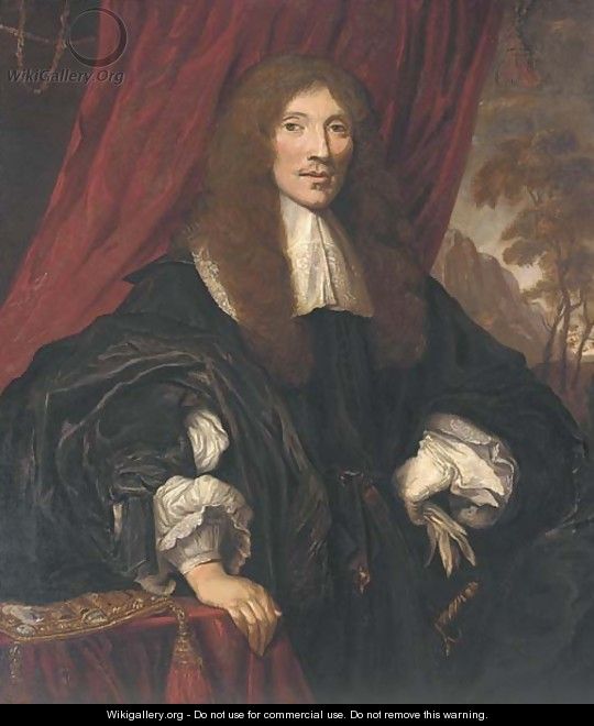 Portrait of a gentleman, half-length, in a black gown with lace collar and cuffs - (after) Sir Peter Lely