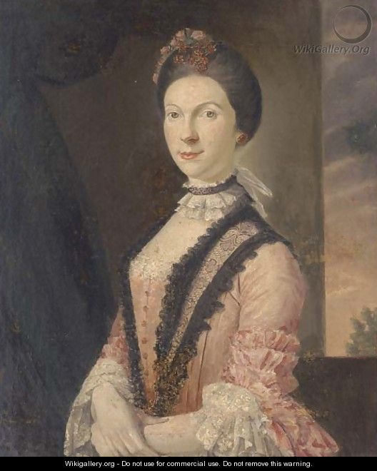 Portrait of a lady, half-length, in a pink dress with lace trim, on a terrace - (after) Sir Joshua Reynolds
