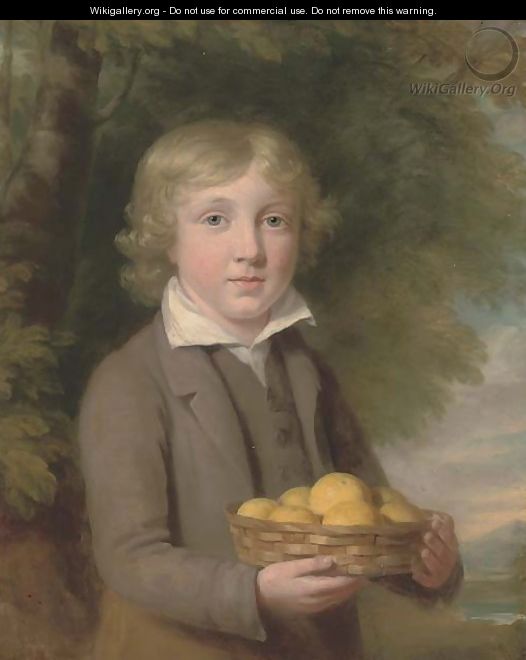 Portrait of a boy, half-length, wearing a brown suit and holding a basket of apples - (after) Sir William Beechey