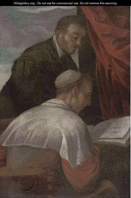 An interior with two clerics - (after) Tiziano Vecellio (Titian)