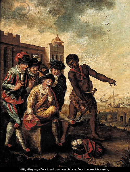 Merchants in fancy costume attended by a slave in a Mediterranean harbour - (after) Thomas Wyck