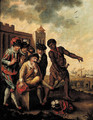 Merchants in fancy costume attended by a slave in a Mediterranean harbour - (after) Thomas Wyck