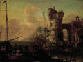 Merchantmen unloading their cargo in an Mediterranean harbour - (after) Thomas Wyck