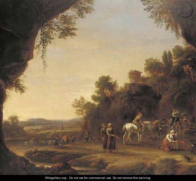 An Italianate landscape with travellers resting on a path near a river - (after) Thomas Wyck