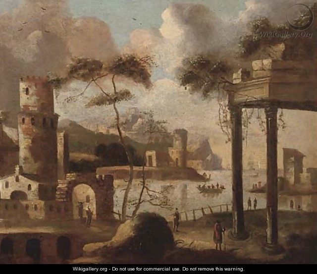A capriccio of a Mediterranean harbour with shipping - (after) Thomas Wyck