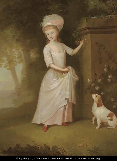 Portrait of a young girl, full-length, in a pink dress, in a garden, a spaniel by her side - (after) Thomas Hickey
