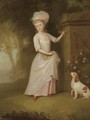 Portrait of a young girl, full-length, in a pink dress, in a garden, a spaniel by her side - (after) Thomas Hickey