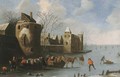 Townsfolk skating and sledging on a frozen moat, a city beyond - (after) Thomas Heeremans