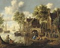 A river landscape with figures on a bridge and fishermen in boats by an inn - (after) Thomas Heeremans