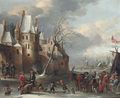 A frozen river landscape with skaters by a walled town - (after) Thomas Heeremans
