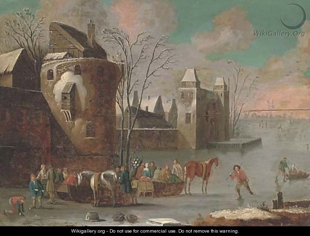 A frozen river landscape with skaters by a town - (after) Thomas Heeremans