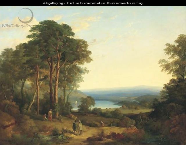 An extensive wooded landscape, with figures in the foreground and a lake beyond - (after) Gainsborough, Thomas